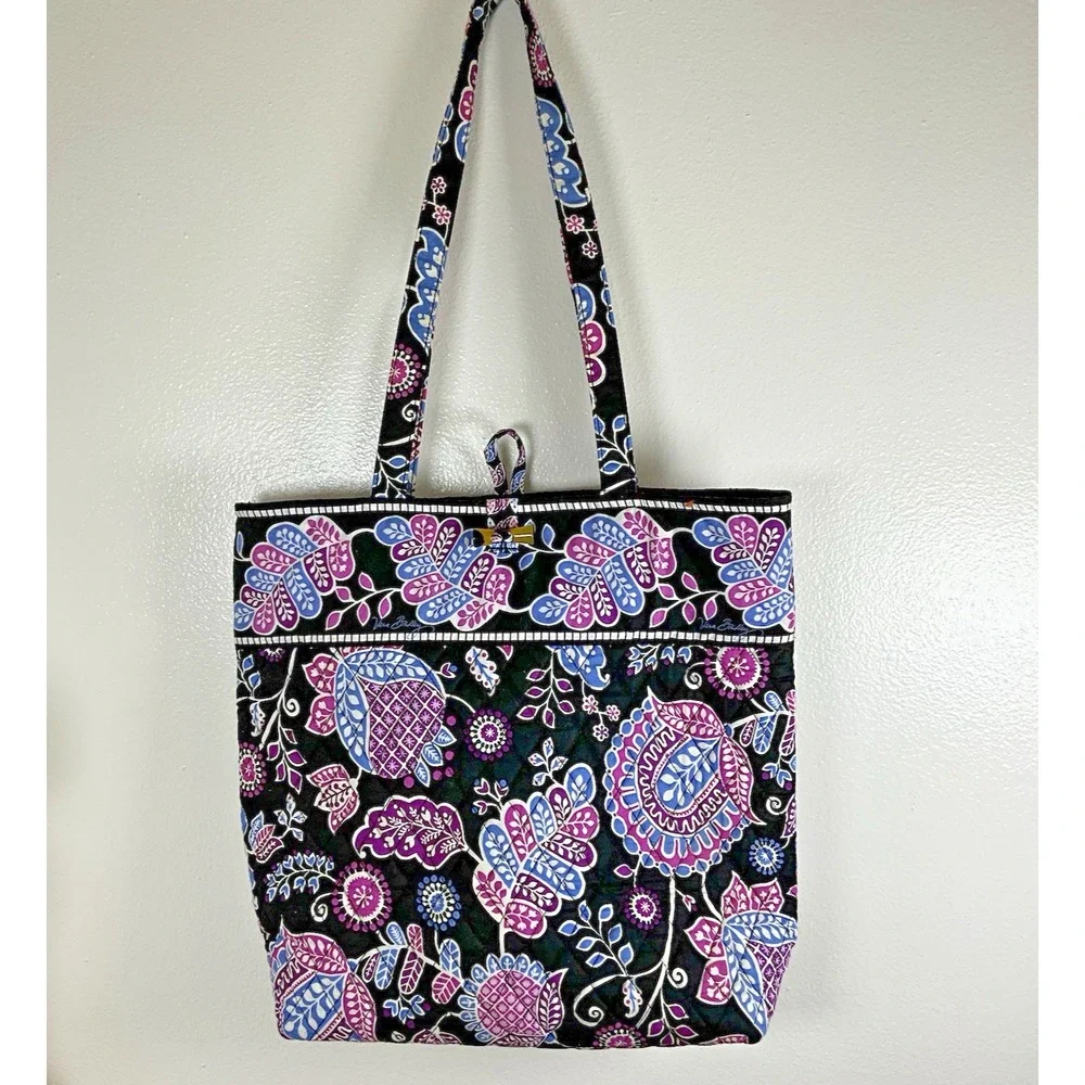 Vera Bradley Black‎ Floral Tote Handbag Checkered Inside Floral Toggle Closure